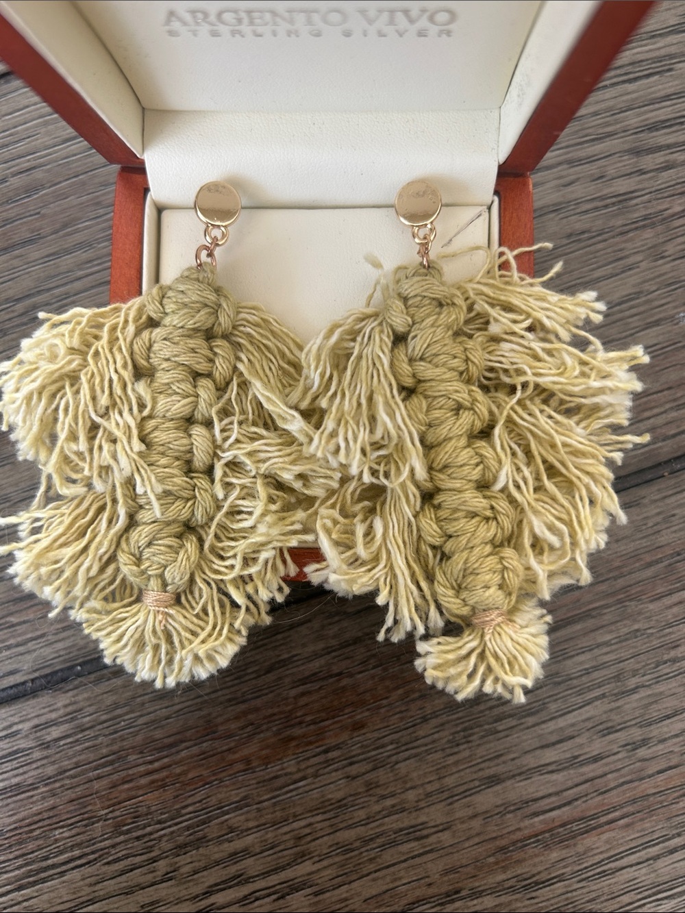 Argento Vivo Olive Green Macramé Tassel Drop Earrings with Gold Discs
